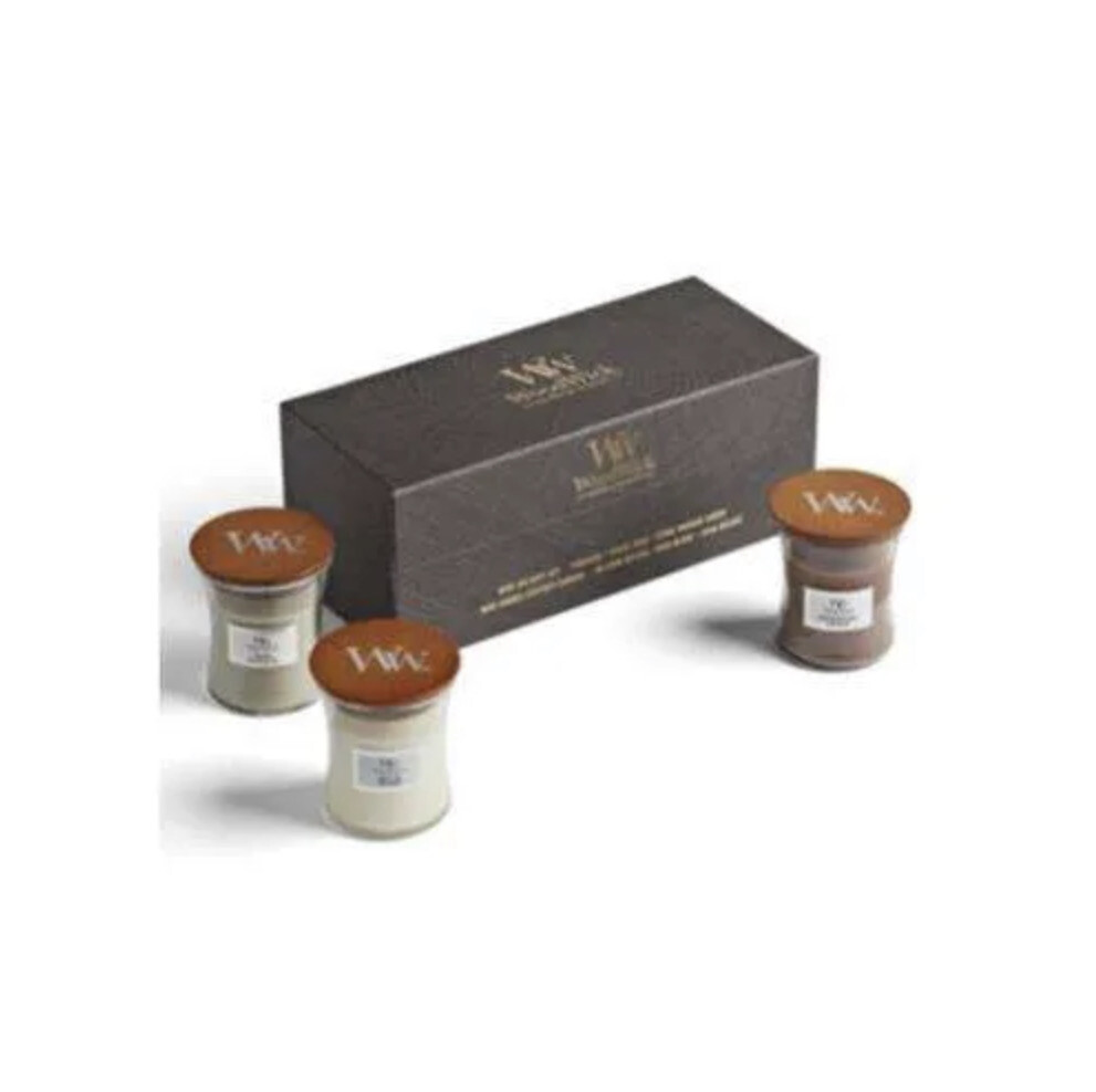Woodwick Gift Deluxe Set Van 3 Mini Candle geuren : coastal Sunset , solar ylang en evening onxy