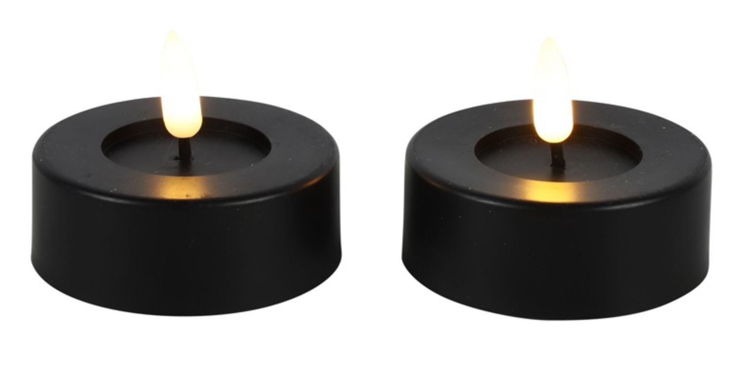 Zwarte Maxi theelichtjes zwart setje van 2 te bedienen met afstandsbediening of timer met 3xAAA batterijen
