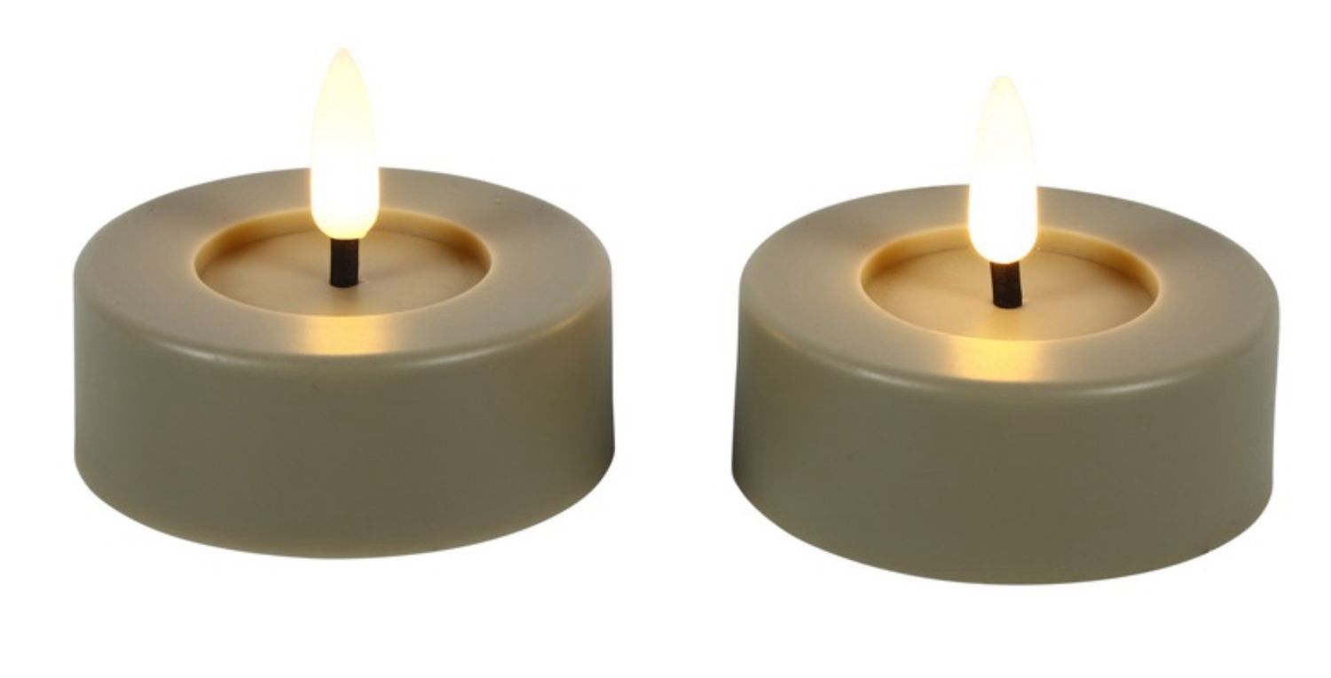 Beige Maxi theelichtjes set van 2 te bedienen met afstandsbediening of timer in beige 3xAAA batterijen