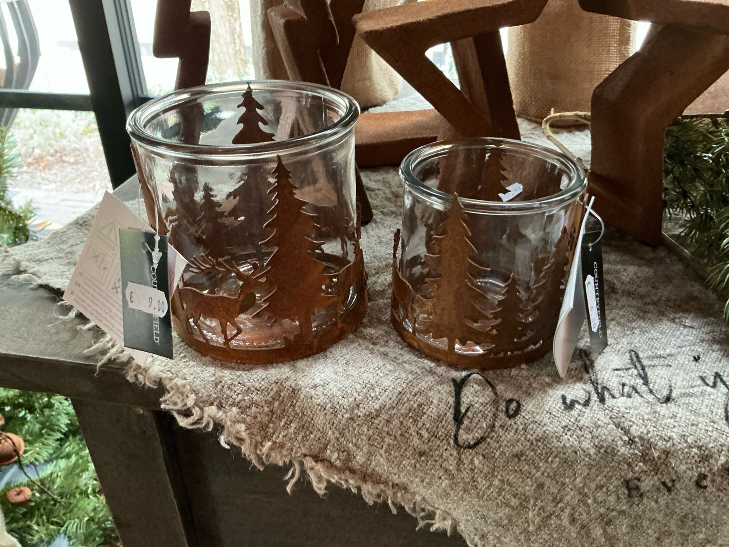 Theelicht roest met kerstbomen en rendieren incl glas 8x8cm