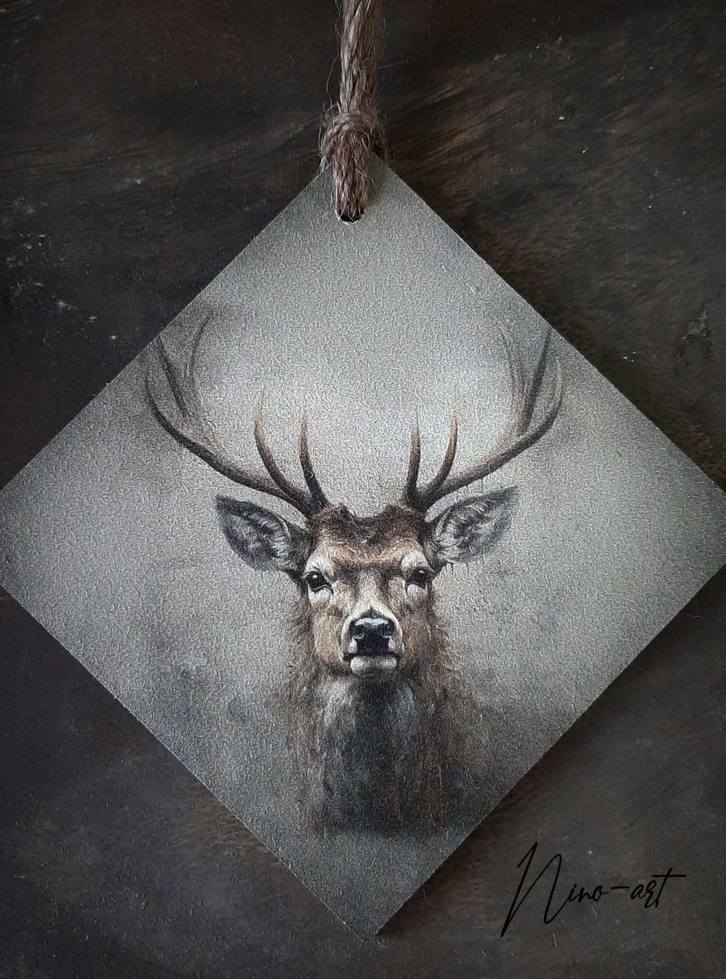Vierkante hanger met touw rendier 10x10cm