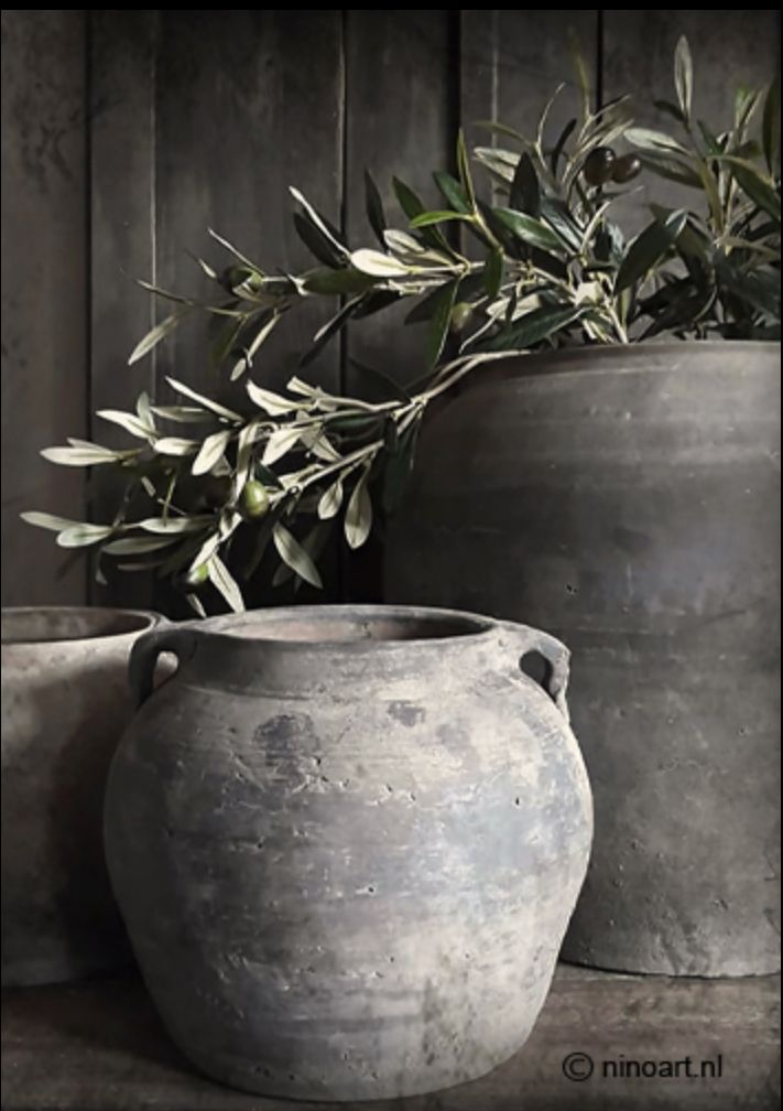 Decobordje kruik met olijftakken 16x21cm