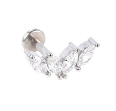 Labret/helix/tragus piercing in chirurgisch staal-motief met 4 witte kristallen