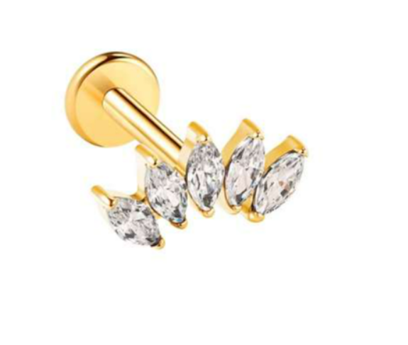 Labret/helix/tragus piercing in goud chirurgisch staal 5 kristallen