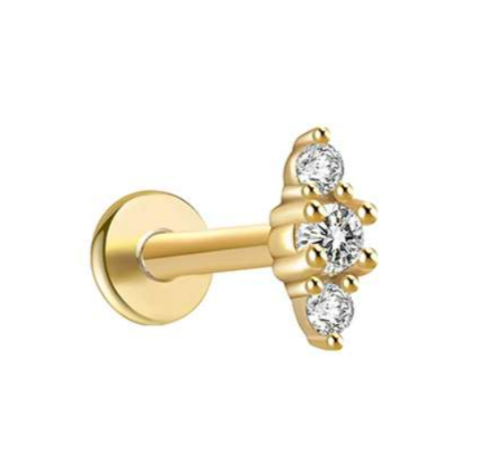 Labret piercing in goud chirurgisch staal staafje met 3 witte kristallen
