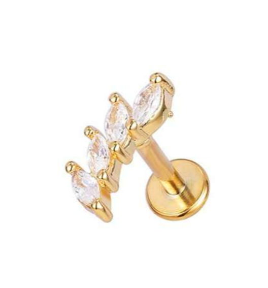 Labret/tragus/helix piercing in goud chirurgisch staal blad met 4 kristallen