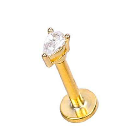 Labret/tragus/helix piercing in goud chirurgisch staal met steen in de vorm van druppel