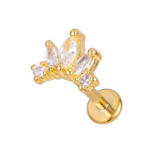 Labret/helix/tragus piercing in goud chirurgisch staal kroon met 5 kristallen