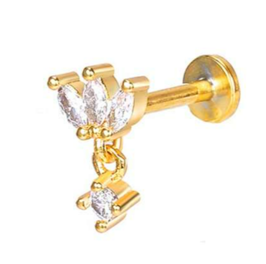 Labret/helix/tragus piercing in goud chirurgisch staal,  3 kristallen met hangertje