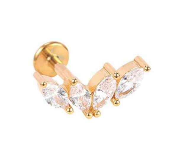 Labret/helix/tragus piercing opwaarts in goud chirurgisch staal 4 kristallen