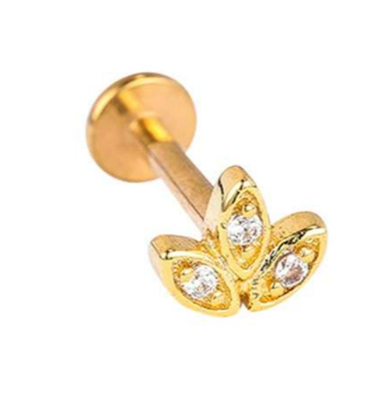 Labret piercing in goud chirurgisch staal lotus met 3 witte kristallen