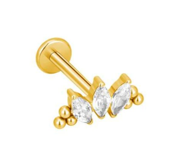 Labret/helix/tragus piercing in goud titanium motief met 3 witte kristallen
