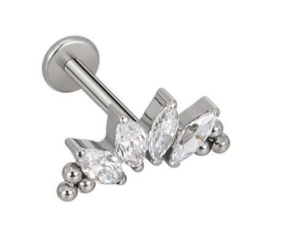 Labret/helix/tragus piercing in titanium met 4 witte kristallen