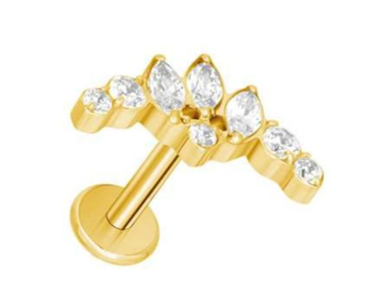 Labret/helix/tragus piercing in goud chirurgisch staal met 8 witte kristallen