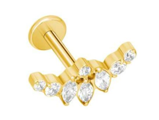 Labret/helix/tragus piercing in goud chirurgisch staal met 8 witte kristallen