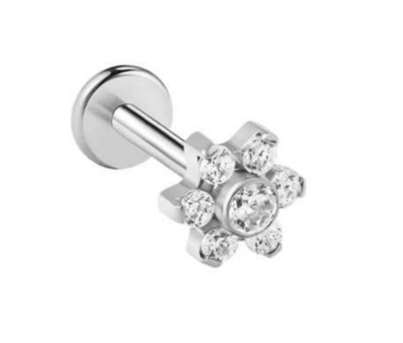 Labret/Helix/tragus piercing in zilver titanium mini bloem motief