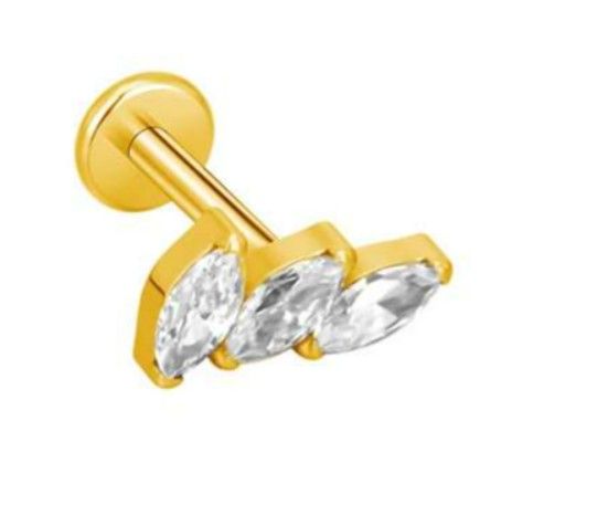 Labret/tragus/helix piercing in goud Titanium blad met 3 kristallen