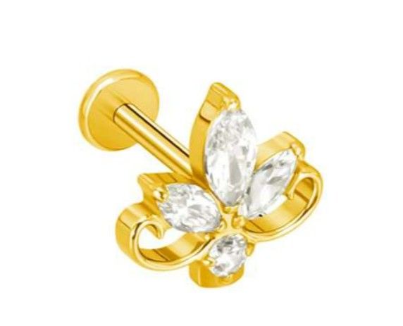 Labret/helix/tragus piercing in goud titanium Lotus met witte kristallen
