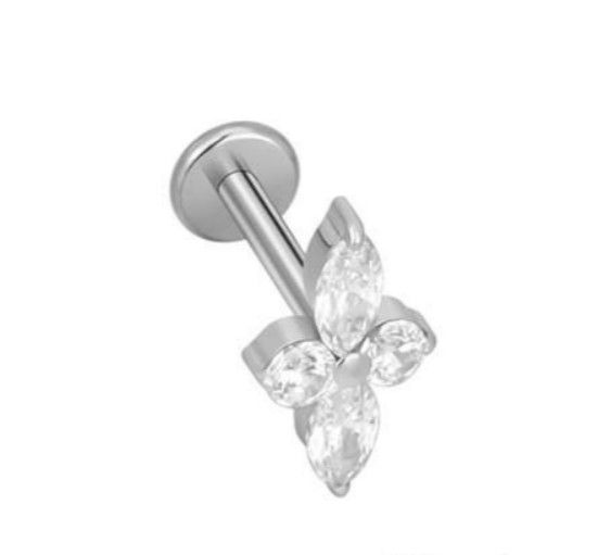 Labret/Helix/tragus piercing in zilver titanium motief met 4 witte kristallen
