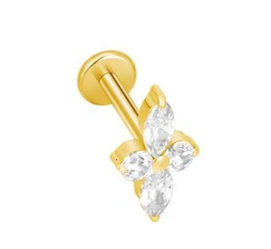 Labret/helix/tragus piercing in goud titanium motief met 4 witte kristallen