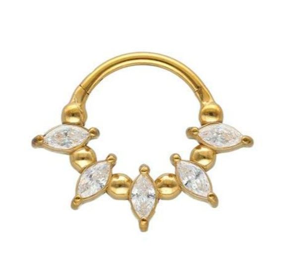 Segmentring/clicker in goud chirurgisch staal met ovaal witte kristallen