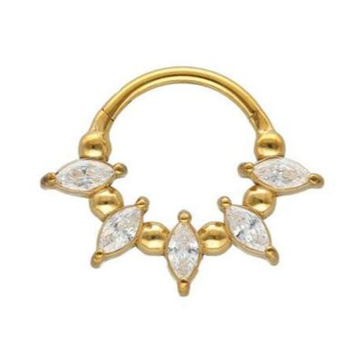 Segmentring/clicker in goud chirurgisch staal met ovaal witte kristallen