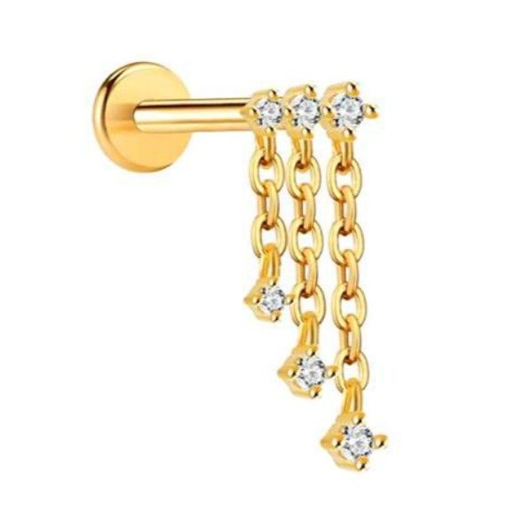 Labret/helix/tragus piercing in goud chirurgisch staal met 3 kettingen