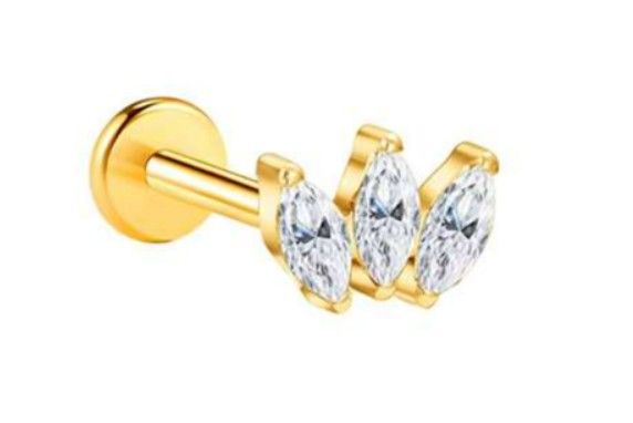 Labret/helix/tragus piercing in goud Titanium kroon 3 kristallen