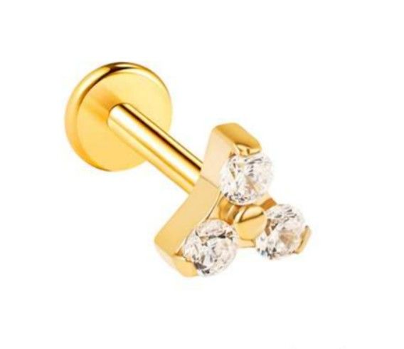 Labret/helix/tragus piercing Titanium goudkleurig driehoek met witte kristallen