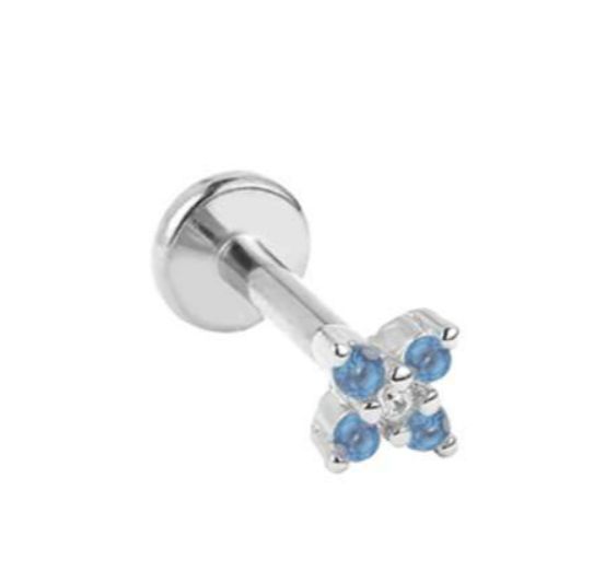Labret/helix/tragus piercing in chirurgisch staal vierkant van 4 blauwe kristallen