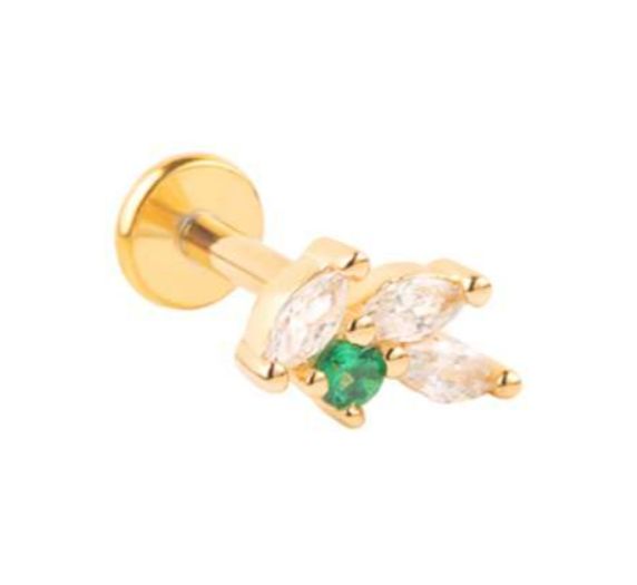 Labret/helix/tragus piercing in goud chirurgisch staal met een groene kristal