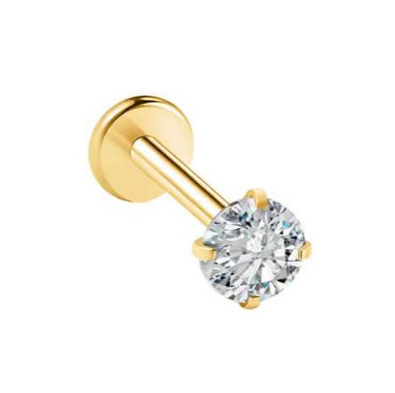 Labret in goud chirurgisch staal met "prong" setting kristal 4 mm