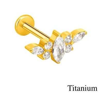 Labret/helix/tragus/flat piercing goud met 7 witte kristallen