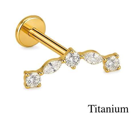 Helix/tragus piercing in goud titanium lus met 5 witte kristallen