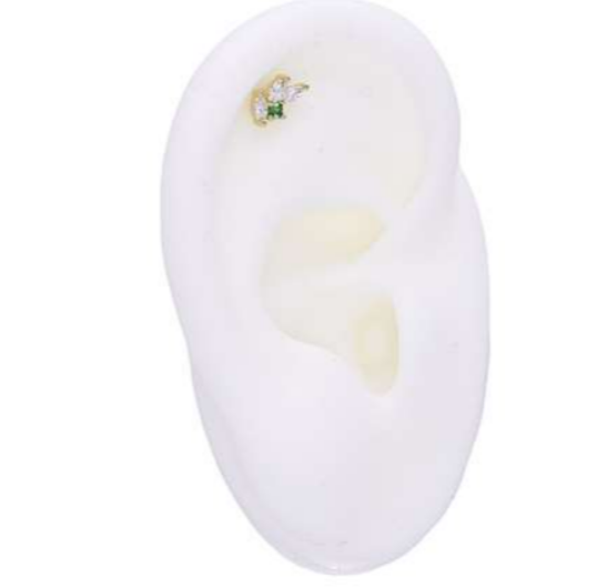 Labret/helix/tragus piercing in goud chirurgisch staal met een groene kristal