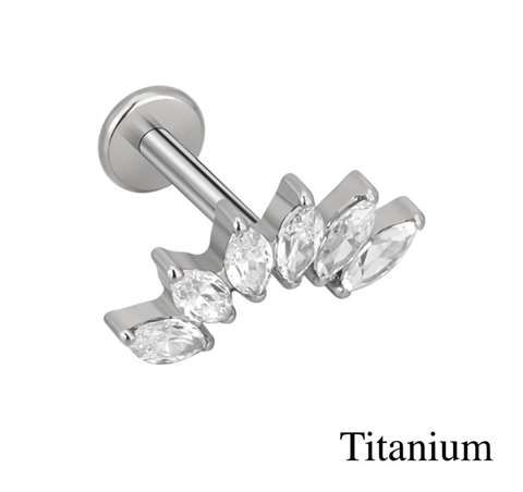 Helix/tragus piercing zilver in titanium met 6 kristallen