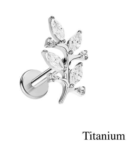 Helix/tragus piercing zilver in titanium met een tak en kristallen