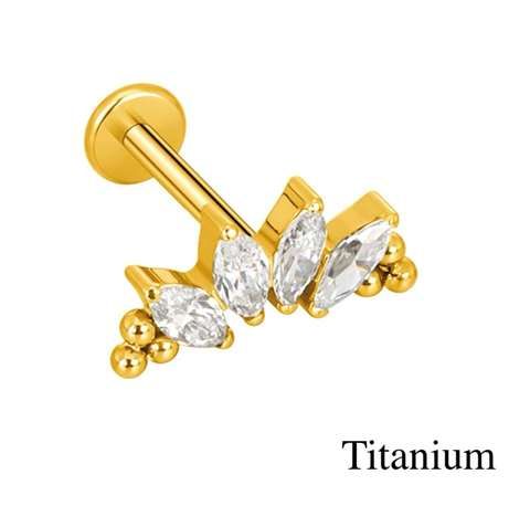 Labret/helix/tragus piercing in goud titanium motief met 4 witte kristallen