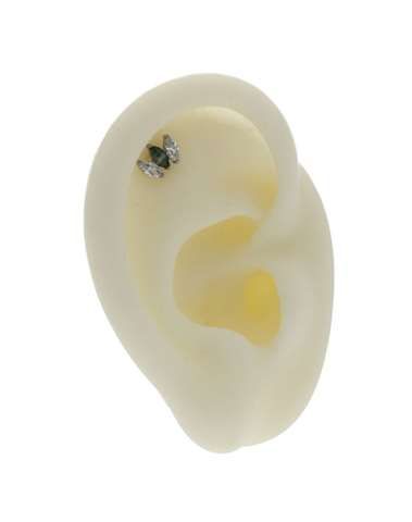 Helix/tragus piercing zilver in titanium met een agaat steentje en 2 witte kristallen
