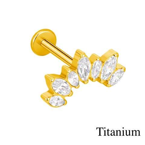 Helix/tragus piercing in goud titanium motief met 7 witte kristallen