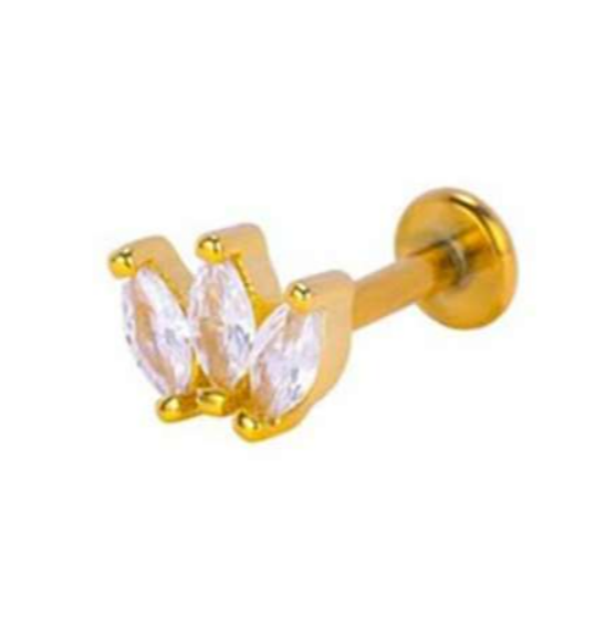 Labret/helix/tragus piercing in goud Titanium motief met 3 witte kristallen