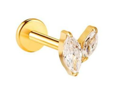 Labret met 2 witte kristallen helix/tragus/conch chirurgisch staal