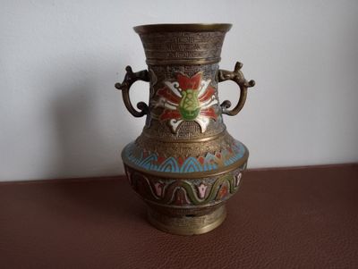 Beautiful bronze champleve cloisonné vase with handle - 1900