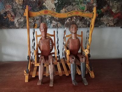 Brothers Rope Puppets – Two hand-carved marionettes 19th century Italian dolls in authentic swing bench.