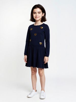 Blue Seven fijn gebreid kleedje donkerblauw met hartjes