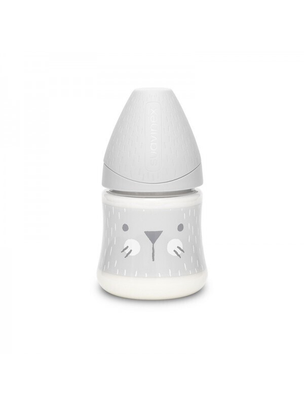 Suavinex Premium 150 ml fles met 3P siliconen ronde speen, Kleur designe: Konijnsnuitje grijs