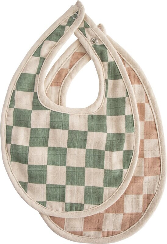 MUSHIE - MUSLIN BIB 2-PACK - OLIVE CHECK/NATURAL CHECK