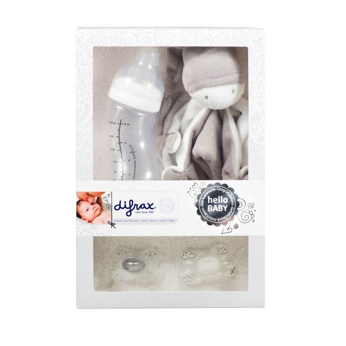 Geschenkdoos, papfles, 2 speentjes en knuffel