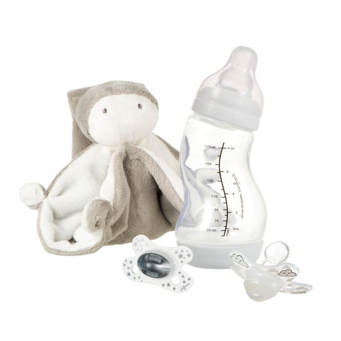 Geschenkdoos, papfles, 2 speentjes en knuffel