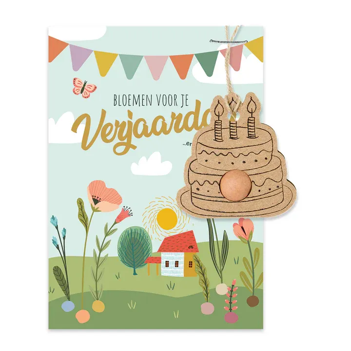 Blossombs Kaart &quot;Bloemen voor je verjaardag&quot; met taarthanger en zaadbommetje
